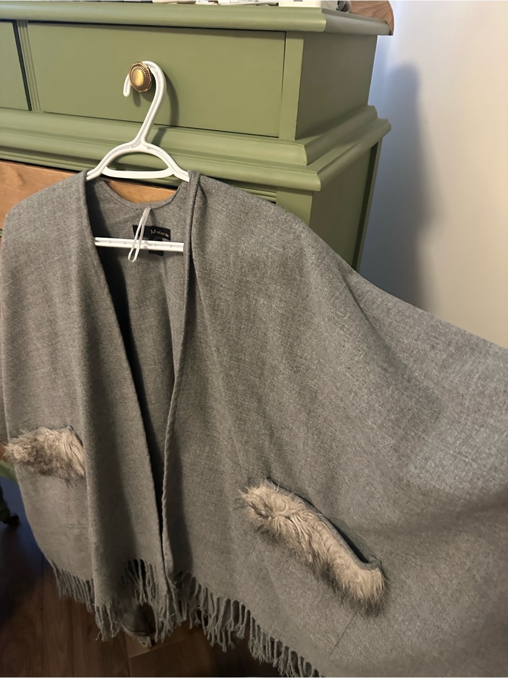 Gray Women's Fringe Poncho with Faux Fur Trim